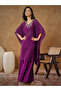 Purple Embroidered Kaftan And Wide Leg Pants Set - 2
