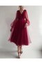 Premium V-Neck Tulle Sleeves Pleated Midi Evening Dress - 2