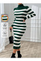 Women's Green and White Striped Ribbed Knitwear Dress with High Neck, Long Sleeves, Midi Length - 2