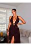 Women's Brown Slit-Cut Buckle Tie Maxi Dress - 2