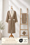 Eldy Contrast Striped Bathrobe Set, 3 Pieces, 100% Cotton Certified Şalyaka Bathrobe Set - Beige Color - 5
