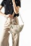 Women's Beige Shoulder Bag, Half Moon, Crossbody Crescent Bag with Strap, 20X30Cm - 3