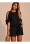 Women's Short Sleeve Crew Neck Semi-Open Shoulder Pearl Detailed Shorts T-Shirt Viscose Two-Piece Set