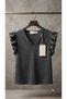 Women's V-Neck Lace Detailed Ruffle Sleeve Black Design T-Shirt - 3