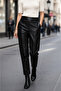 High Waist Women's Lined Pants with Front Belt, Back Elastic, and Pockets, Genuine Leather, Black - 4
