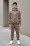 Brown Boy's Hooded Tracksuit Set with Kangaroo Pockets and Stripe Detail 24617 - 3