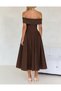 Brown Galadriel Madonna Collar Double Fabric Flared Midi Dress Tns-9003 - 3