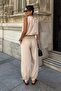 Women's Beige Linen Textured Bead Detailed Blouse and Pants Set - 6