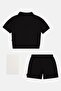Kids Boy 3 Pieces Polo Shirt With Bottom And Patches Set, Black - 3