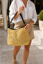 Women's Yellow Pearl Detailed Straw Shoulder Bag Large Size Zippered Daily Summer Beach Bag - 3