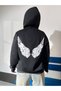 Women's Black Wing Printed Hooded Hoodie Sweatshirt - 4