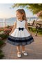 Girl's Ecru Navy Blue Dress with Mesh Detail, Ribbed, Detachable Bow, Lined Dress for 1-5 Years Old, Birthday, Wedding, Holiday, Special Occasion