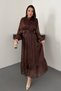 Women's Brown Judge Collar Buttoned Waist Gathered Balloon Sleeve Lined Midi Dress - 2