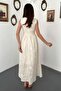 Women's Beige Midi Dress with Floral Embroidery, Belted, Gathered, Lined, A-Line - 5