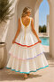 Women's Ecru Colorful Ribbed Layered Strap Long Dress - 4