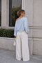 Women's Baby Blue Boat Neck Ribbed Textured Loose Off-Shoulder Short Sleeve Blouse - 3