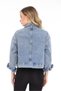 Women's Designer Denim Jacket with Colorful Stone and Chain Detail, Blue Oversize Fit Jeans Coat - 7