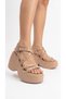 Nude High Sole Side Buckle Leather Shiny Metal Detailed Open Front Summer Women's Sandals Shoes