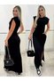 Women's Short Sleeve Padded Pocket Detailed Slit Viscose Long Dress