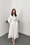 Women's Ecru Long Dress with Stand Collar, Belted, Balloon Sleeves, Textured Lining
