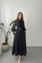 Women's Black Long Dress with High Collar, Belt, Balloon Sleeves and Textured Lining - 2