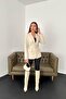 Women's Beige Jacket with Collar, Flap Pockets, Buckle Belt, Long Sleeves, Plain Woven - 4
