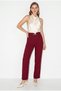 Women's Burgundy Buckle High Waist Pleated Detailed Straight Leg Fabric Trousers 60286452 - 3