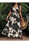 Women's Strappy Double Breasted Collared Floral Patterned Long Single Jersey Dress - 5