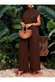 Women's Short Sleeve Turtleneck Asymmetrical Cut Detailed Aerobin Blouse and Trousers Two-Piece Set - 3
