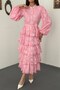 Women's Pink Long Dress with High Collar, Buttoned Belt, Flounces and Floral Texture - 4