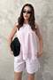 Women's Pink Shorts Set Sleeveless Round Neck Stitching Detailed Pocketed Cotton - 3