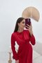 Women's Red Long Satin Dress with Crew Neck and Ruffle Detail, Long Sleeves - 3