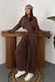Women's Brown Blouse Trousers Set Asymmetrical Crop Top Elastic Waist Wide Leg Long Sleeve - 2