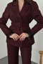 Women's Burgundy Top and Bottom Set with Belt, Lace Detail, Double-Breasted Jacket, Wide-Leg Pants Set - 4