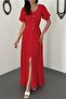 Women's Red Polka Dot V-Neck Buttoned Short Sleeve Slit Flared Maxi Dress - 4