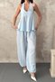 Women's Blue Top and Bottom Set Halter Neck Flam Textured Tie Detail Wide Leg Bottom Top Set - 4