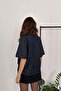 Women's Blue Denim Blouse Degaje Collar Off Shoulder Short Sleeve Relaxed Fit - 5