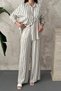 Women's Blue Top and Bottom Set Striped Satin Shirt Pants Set Elastic Waist Wide Leg - 4