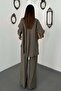 Women's Khaki Bottom - Top Set Shirt Pants Double Set Buttoned Wide Leg Long Sleeve - 5