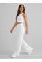 Women's White Ribbed Front Wide Fit Loose Leg Modal Fabric High Waist Gathering Pants Leggings - 6