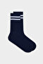 Navy Blue Striped Tennis Sports Cotton Socks - 2