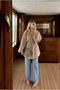Balon Sleeve Oversize Tunic Shirt with Waist Tie, Comfortable Fit, Back Zipper, Modal White - 2