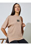 Brown Side Tie Detail and Graphic Print Knitted T-Shirt
