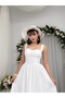 Women's White Dress with Scallop Texture, Straps, Heart Collar, Gathered Long Dress - 4