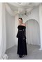 Women's Black Midi Dress Strapless Collar Flounce Chiffon Sleeves Lace Detail - 8