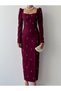 Women's Burgundy Midi Dress with Pearl Detail, Square Neck, Slit, Long Sleeves - 7