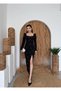 Women's Black Midi Dress with Pearl Detail, Square Neck, Slit, Long Sleeves - 4