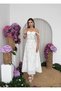 Women's White Floral Patterned Belt Detailed Strappy Sweetheart Neckline Linen Midi Dress - 5