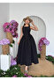 Women's Black Midi Dress Lace-Up Gathered Buttoned Sleeveless Poplin - 8