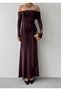 Women's Coffee Color Long Boat Neck Draped Dress with Tie Detail and Long Sleeves - 2